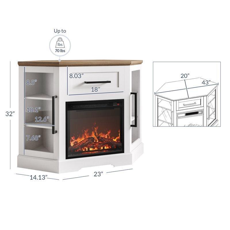 Elektrikli Şömineli Beyaz Endüstriyel Ahşap Köşe TV Ünitesi 109x51x81 cm