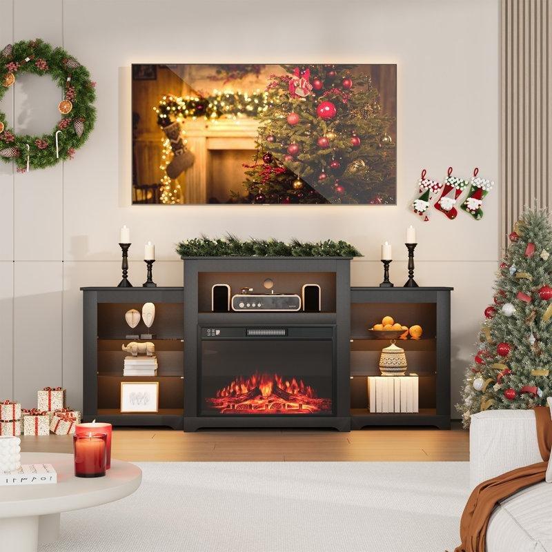 Elektrikli Şömineli Siyah Endüstriyel Ahşap TV Ünitesi 178x41x81 cm - 80041