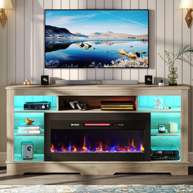Endüstriyel Ahşap 180 cm Geniş Elektrikli Şömineli TV Ünitesi - 79246