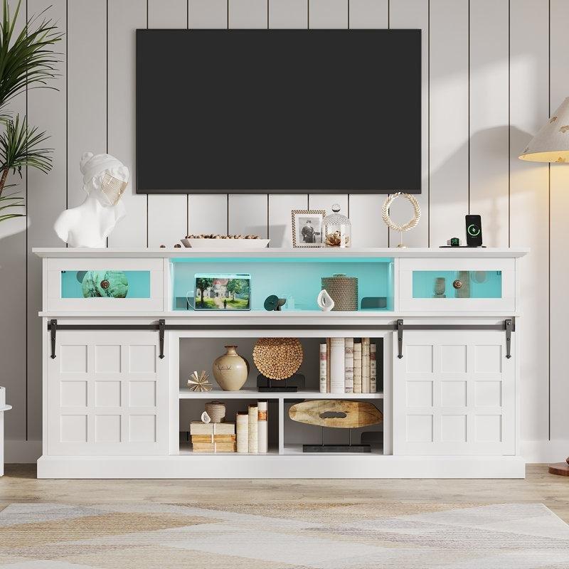 Endüstriyel Ahşap 70 cm Beyaz Kırsal Tasarımlı TV Ünitesi RGB LED Işıklı Şarj İstasyonlu - 80077