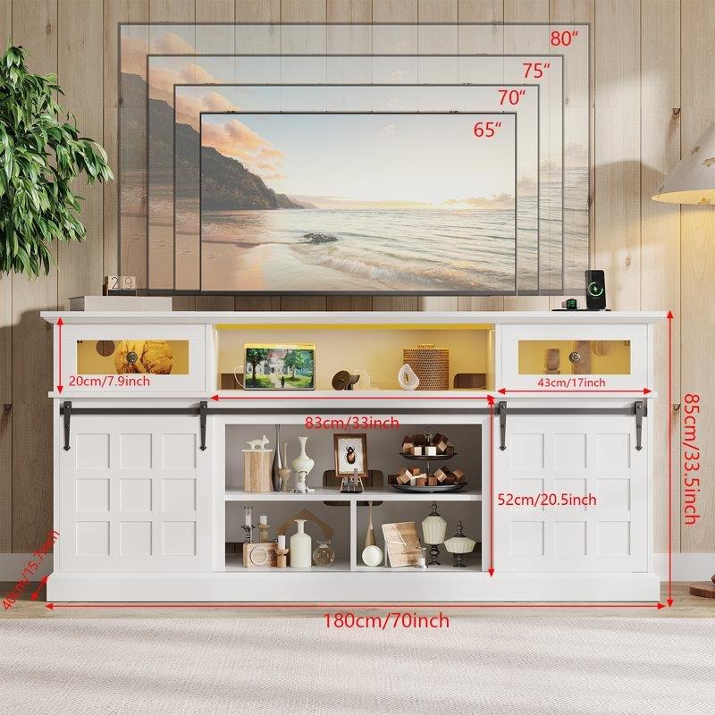 Endüstriyel Ahşap 70 cm Beyaz Kırsal Tasarımlı TV Ünitesi RGB LED Işıklı Şarj İstasyonlu - 80077