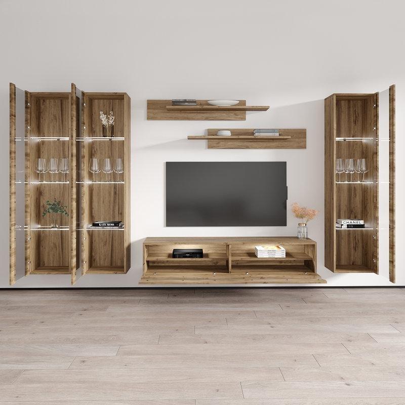 Endüstriyel Ahşap 70 İnç TV İçin Parlak Kapaklı Dolaplı TV Ünitesi 173x310x41 cm - 78730