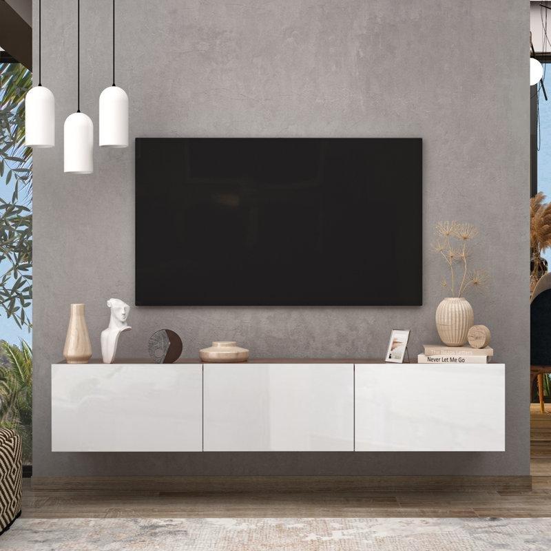 Endüstriyel Ahşap Beyaz Duvara Monte TV Ünitesi 160x32x32 cm - 78403