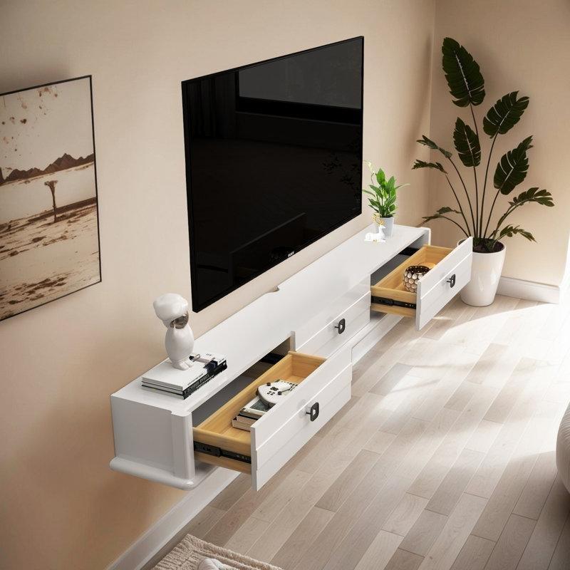 Endüstriyel Ahşap Beyaz Parlak Duvara Monte TV Ünitesi 188x28x28 cm - 78469