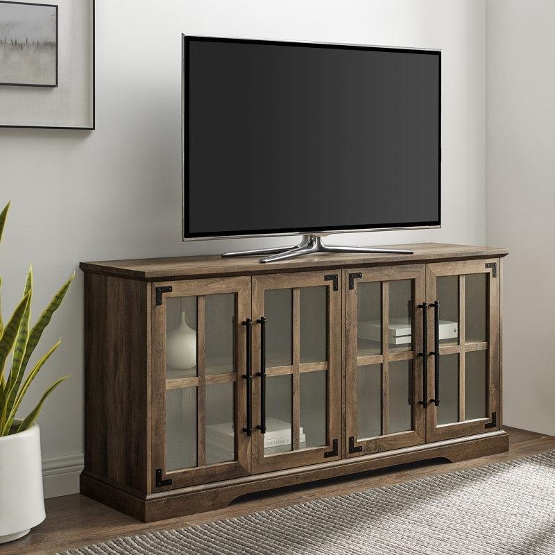 Endüstriyel Ahşap Dört Kapılı Cam Panelli 147 cm Dolaplı TV Ünitesi - 78754