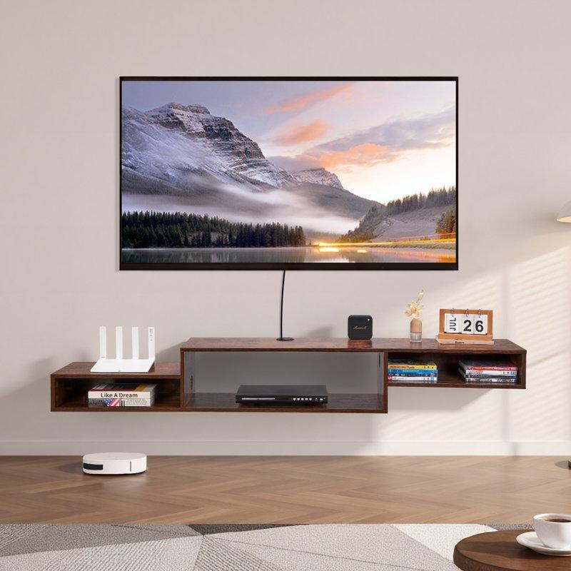 Endüstriyel Ahşap Duvara Monte TV Ünitesi 180 cm Açık Depolama ve Güç Prizli - 78442