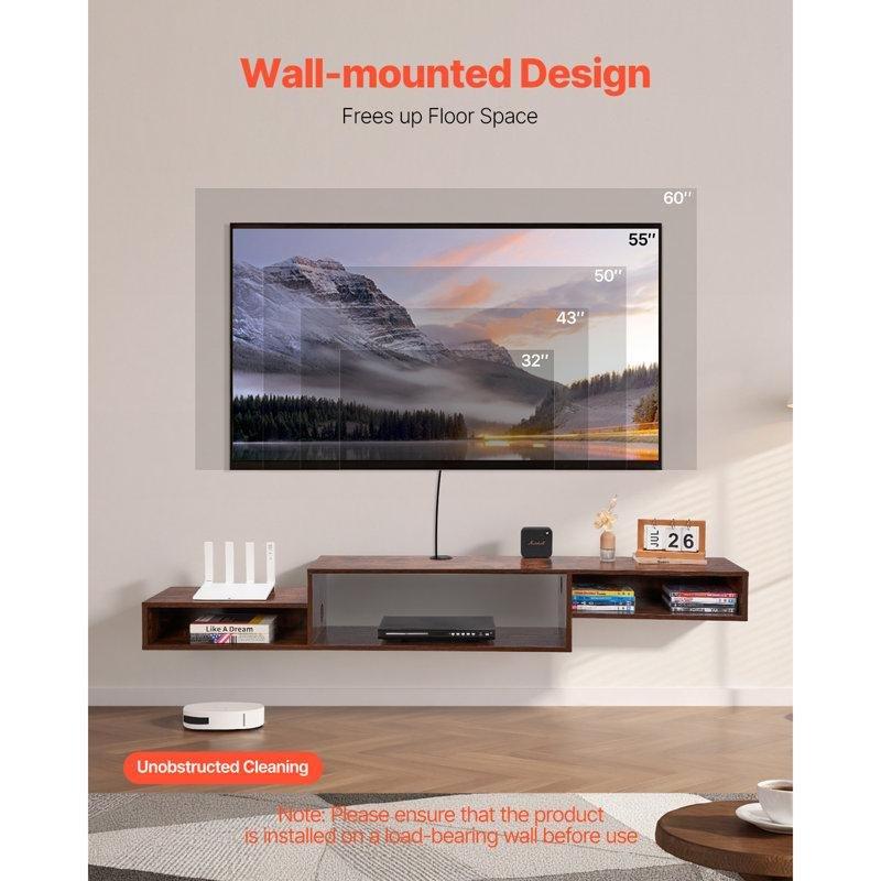 Endüstriyel Ahşap Duvara Monte TV Ünitesi 180 cm Açık Depolama ve Güç Prizli - 78442