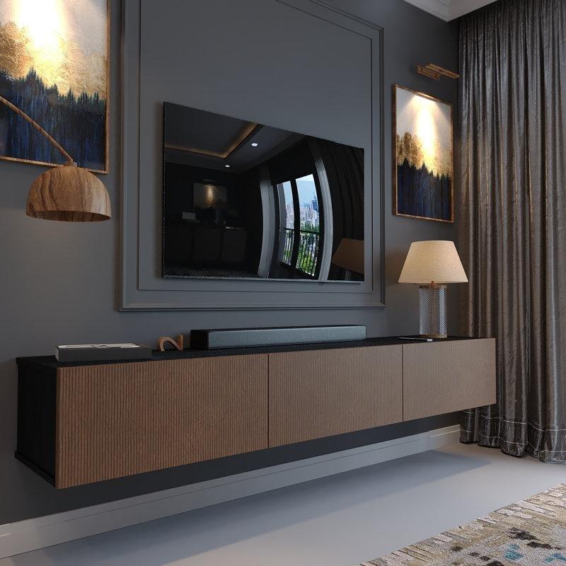 Endüstriyel Ahşap Duvara Monte TV Ünitesi 180 cm Geniş Gizli Depolama Kapılı - 78409