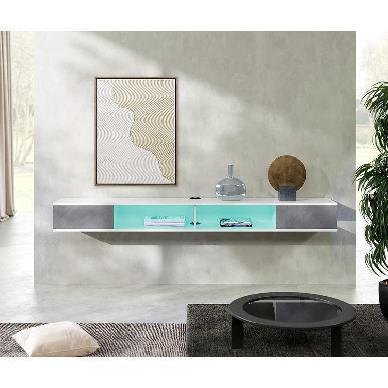 Endüstriyel Ahşap Duvara Monte TV Ünitesi Mavi LED Işıklı Açık Raf Tasarımlı - 78421