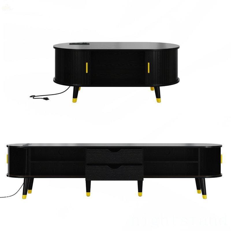 Endüstriyel Ahşap Kaydırmalı Kapılı TV Ünitesi ve Orta Sehpa Takımı 190x38x255 cm - 79840