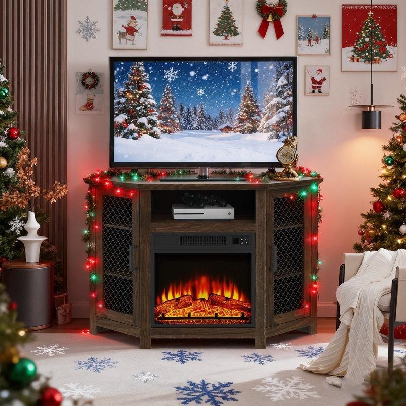 Endüstriyel Ahşap Köşe TV Ünitesi 114 cm Elektrikli Şömineli 55 İnç Uyumlu