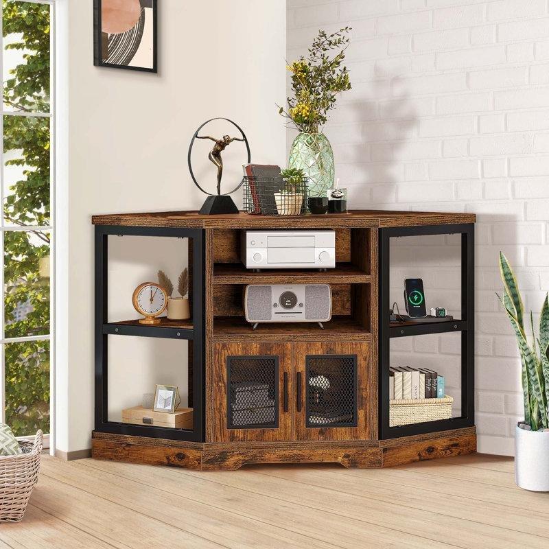 Endüstriyel Ahşap Köşe TV Ünitesi 120x50x71 cm Tan-Siyah İki Tonlu Depolama Alanı