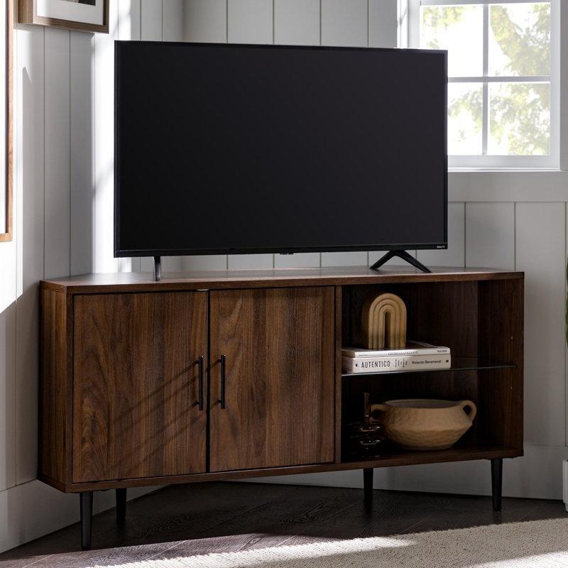 Endüstriyel Ahşap Köşe TV Ünitesi 121 cm Açık Raflı ve Kapaklı Depolama