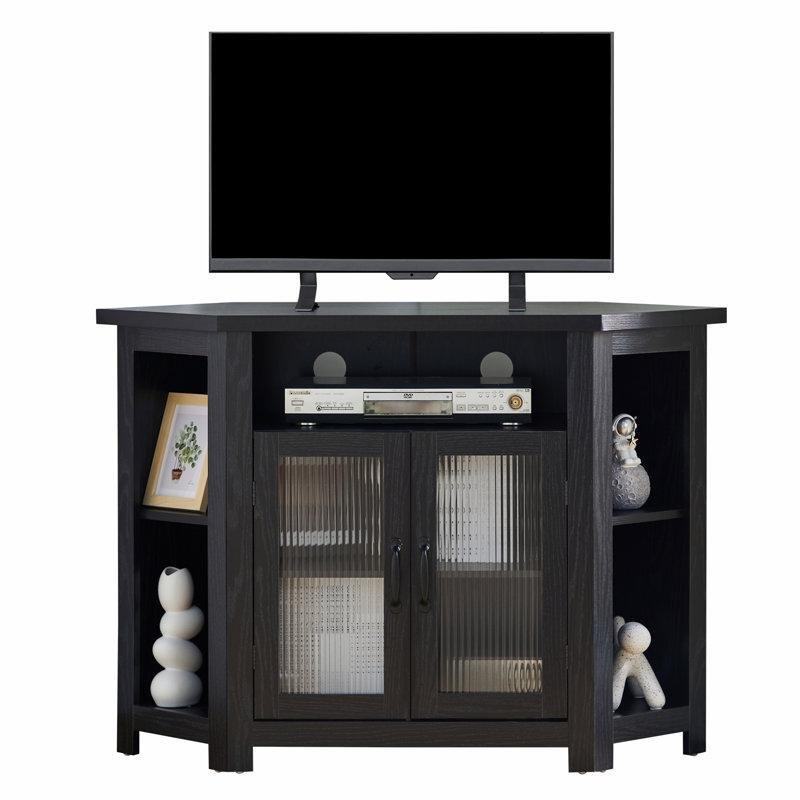 Endüstriyel Ahşap Köşe TV Ünitesi Cam Kapılı Depolama Bölmeli 112x46x79 cm
