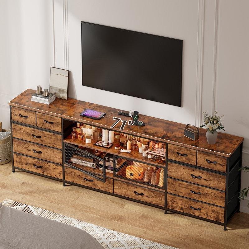 Endüstriyel Ahşap Metal TV Ünitesi 180x85x85 cm 14 Çekmeceli LED Aydınlatmalı - 78622