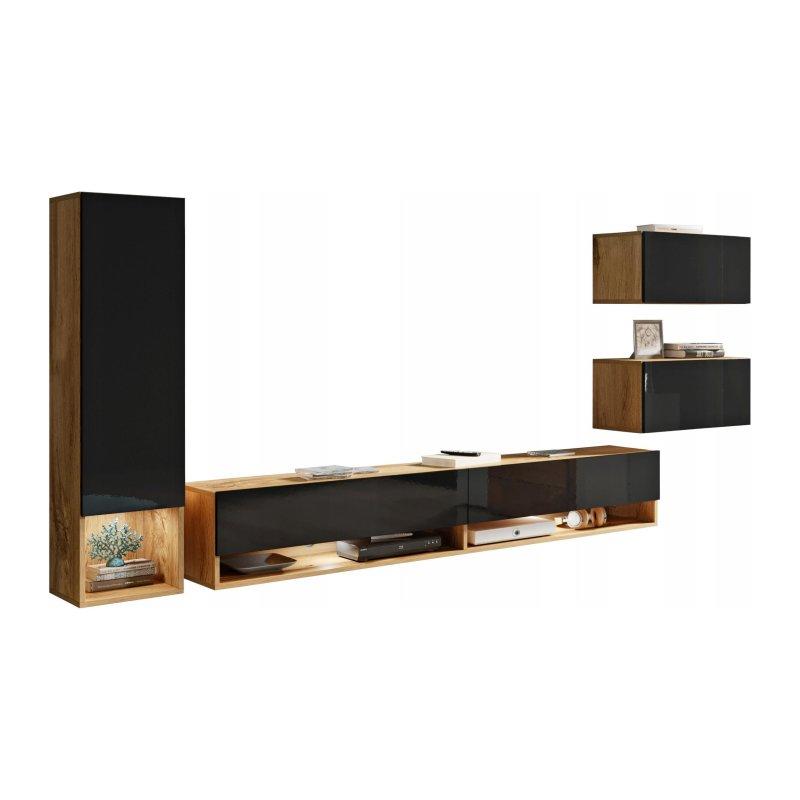 Endüstriyel Ahşap Siyah Parlak Modern TV Ünitesi 270 cm