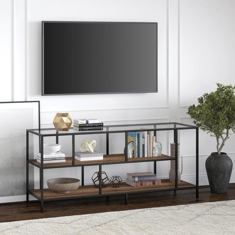 Endüstriyel Çelik Metal TV Ünitesi 140x40x61 cm Rustik Meşe Cam Tablalı - 78652