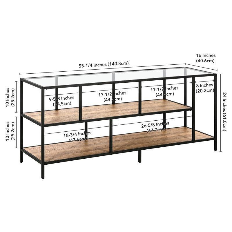 Endüstriyel Çelik Metal TV Ünitesi 140x40x61 cm Rustik Meşe Cam Tablalı - 78652