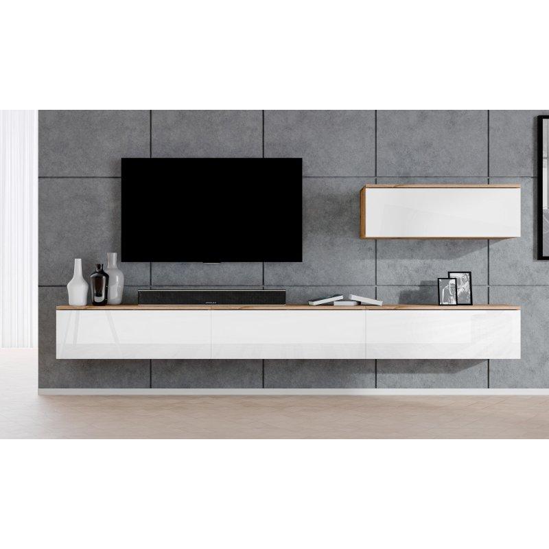 Geniş Beyaz Meşe Desenli Asma TV Ünitesi 400 cm