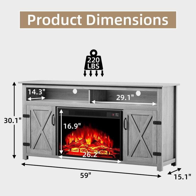 Gri Ahşap Desenli Şömineli 150 cm TV Ünitesi