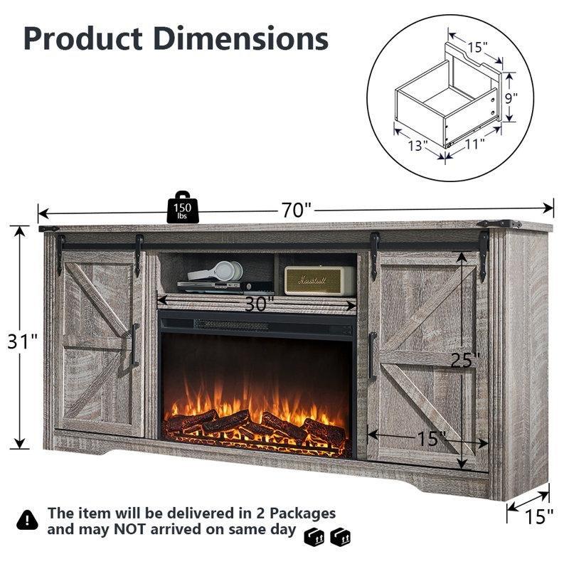 Gri Ahşap Desenli Şömineli 180 cm TV Ünitesi
