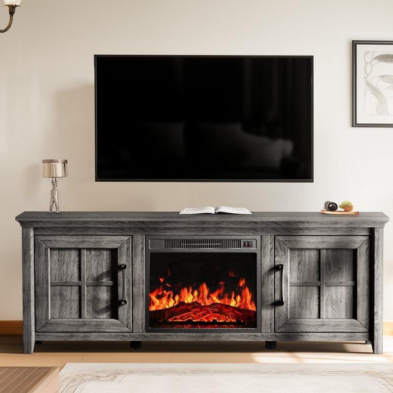 Gri Ahşap Desenli Şömineli 75 İnç TV Ünitesi 147x40x62 cm