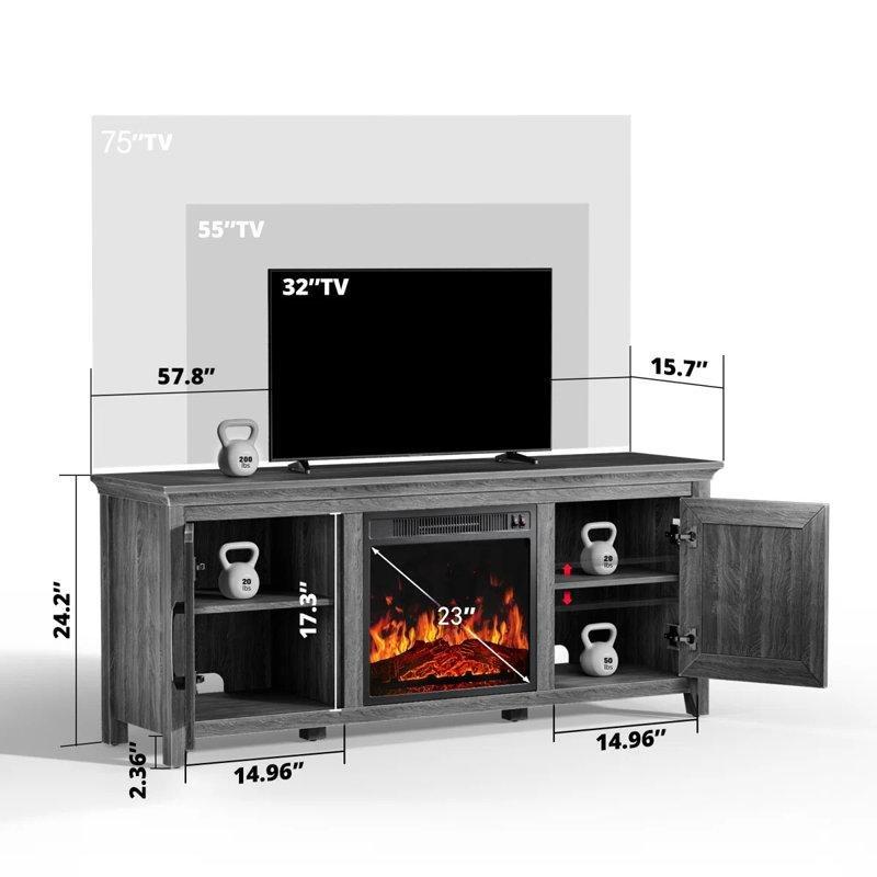 Gri Ahşap Desenli Şömineli 75 İnç TV Ünitesi 147x40x62 cm