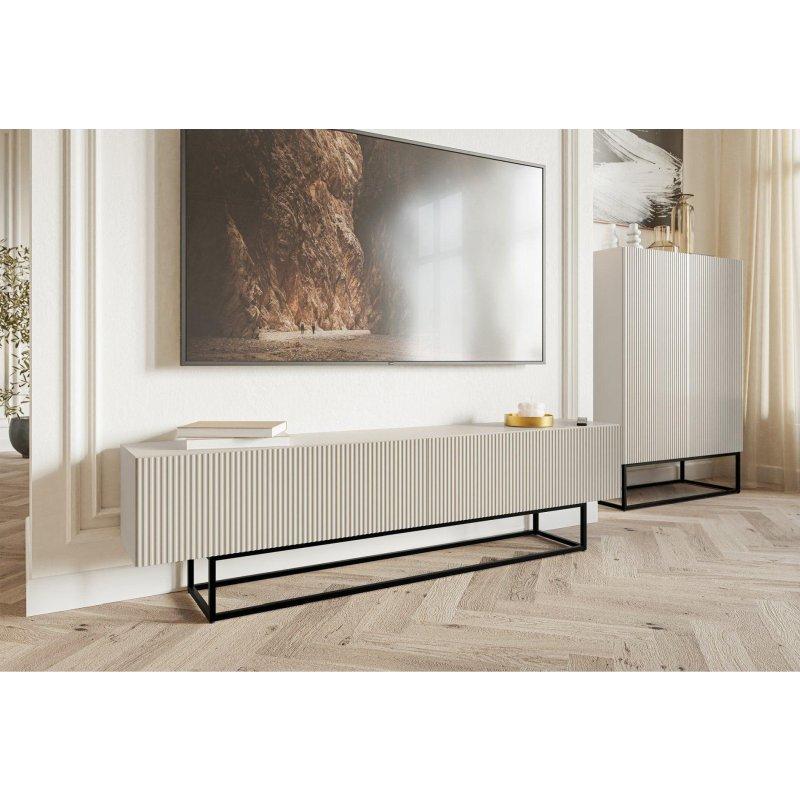 Gri Bej Çizgili Endüstriyel Metal Ayaklı TV Sehpası 175 cm