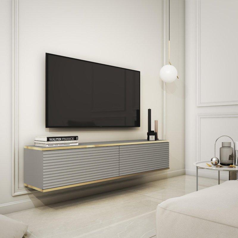 Gri Endüstriyel Ahşap TV Ünitesi 135x30 cm Altın Çerçeveli - 78892