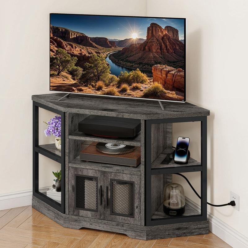 Gri Yıkama Ahşap Endüstriyel Çelik Köşe TV Ünitesi 120x50x71 cm