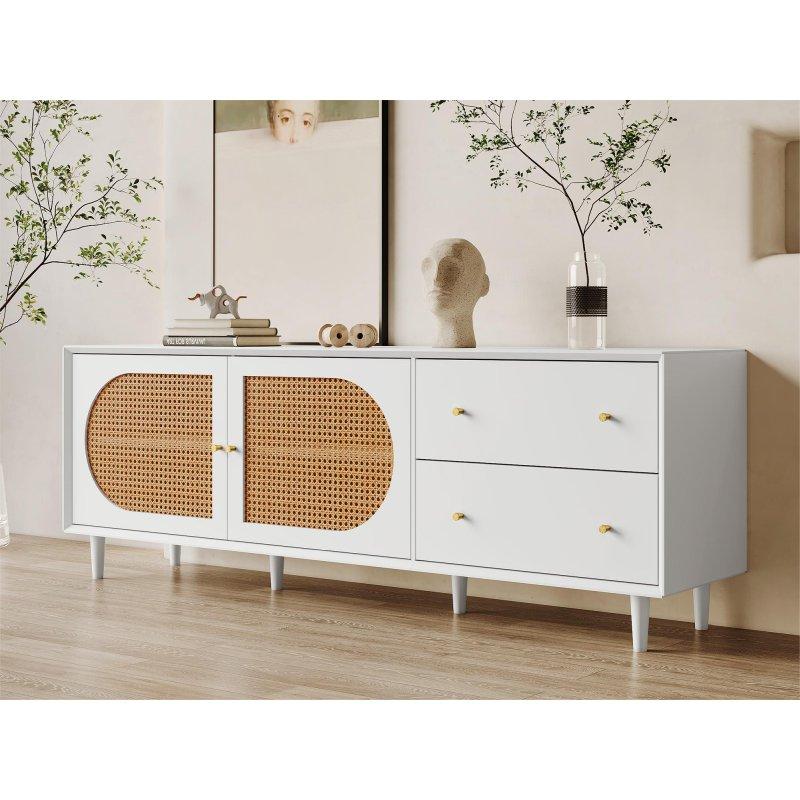 Hasır Desenli Beyaz Modern TV Sehpası 180 cm