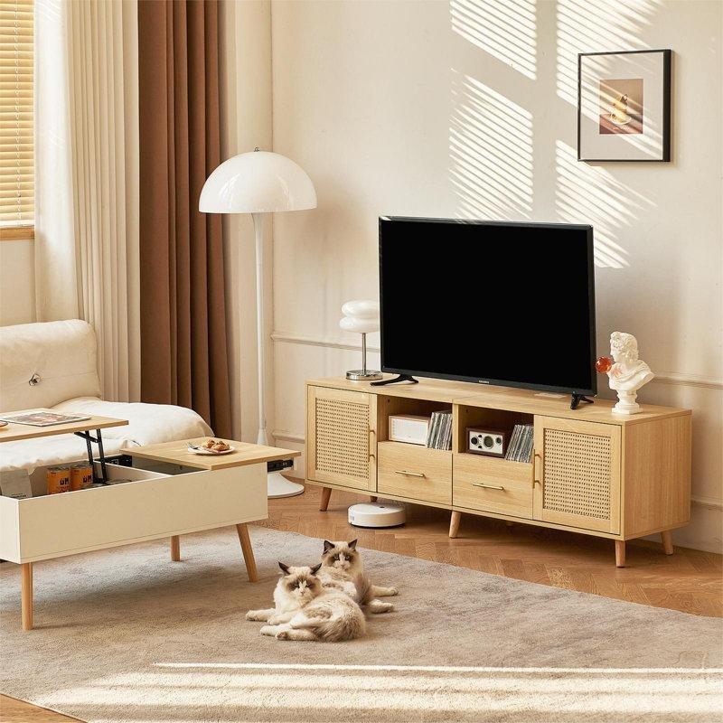 Hasır Kapılı Doğal Ahşap TV Ünitesi 160x40x53 cm LED Işık ve Şarj İstasyonlu