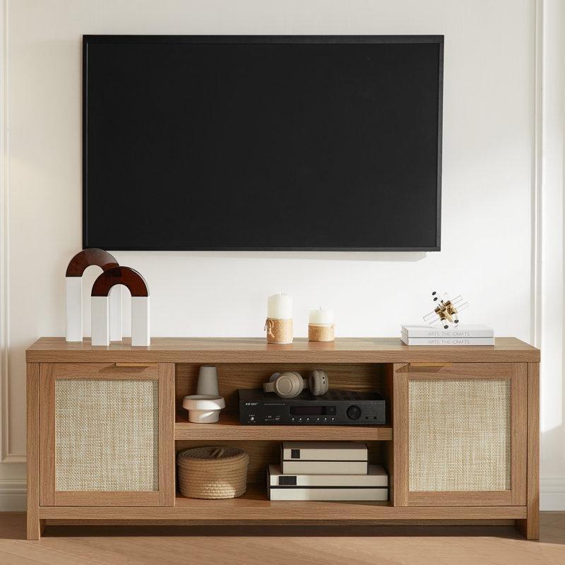 Hasırlı Kapılı Ahşap Bohem TV Ünitesi 150x39x55 cm