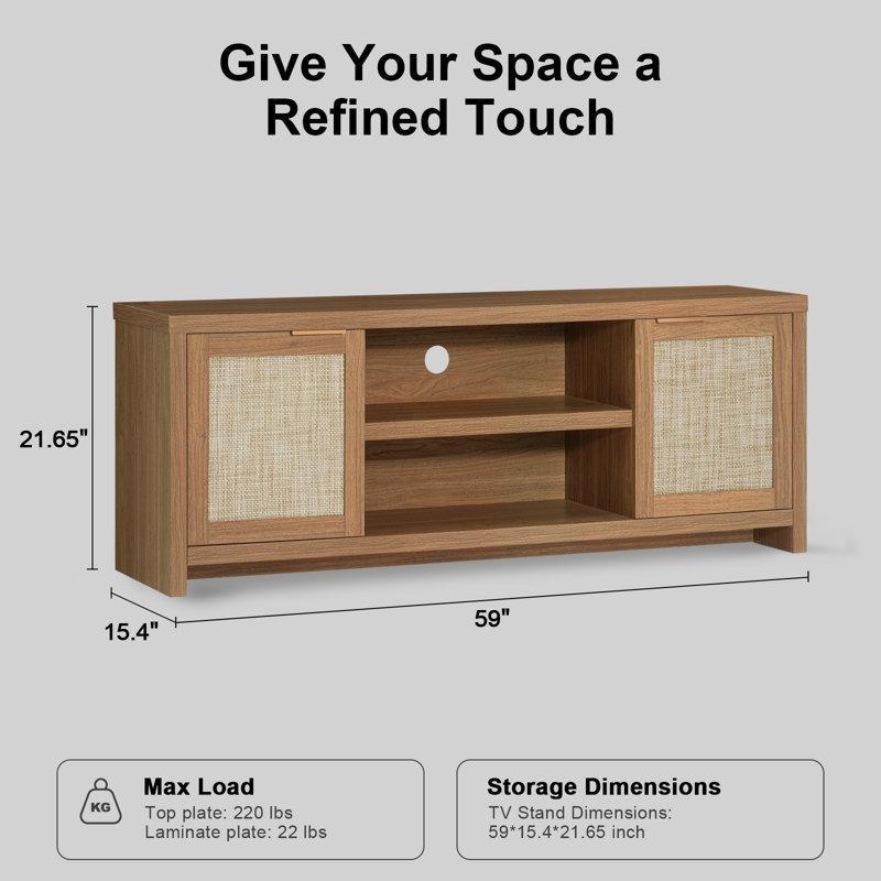 Hasırlı Kapılı Ahşap Bohem TV Ünitesi 150x39x55 cm