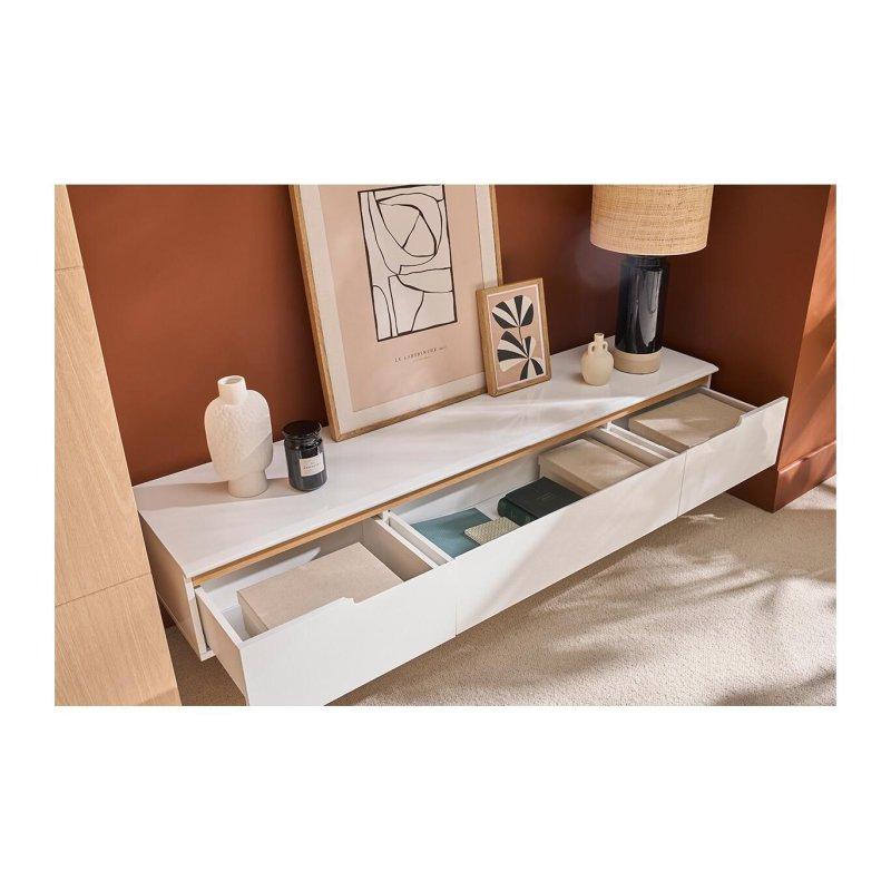 İskandinav Tarzı Parlak Beyaz ve Ahşap TV Sehpası 180 cm