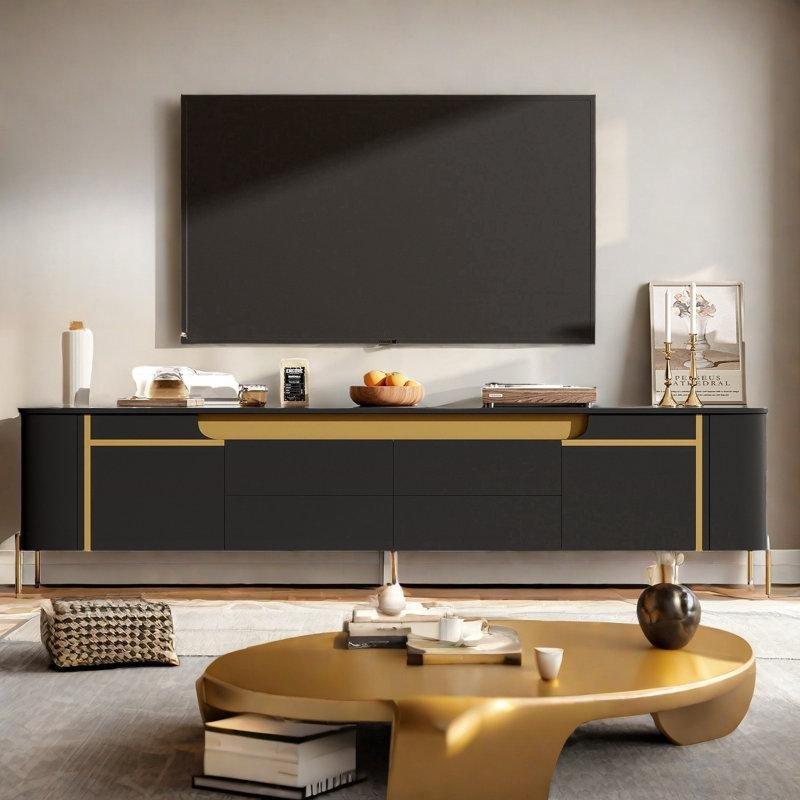 Kavisli Köşeli Dört Çekmeceli Altın Dekorlu TV Ünitesi 190x40x50cm - 79336