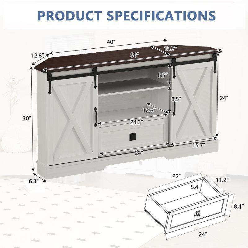 Kaydırmalı Kapılı Beyaz Endüstriyel Ahşap Köşe TV Ünitesi 147x41x80 cm