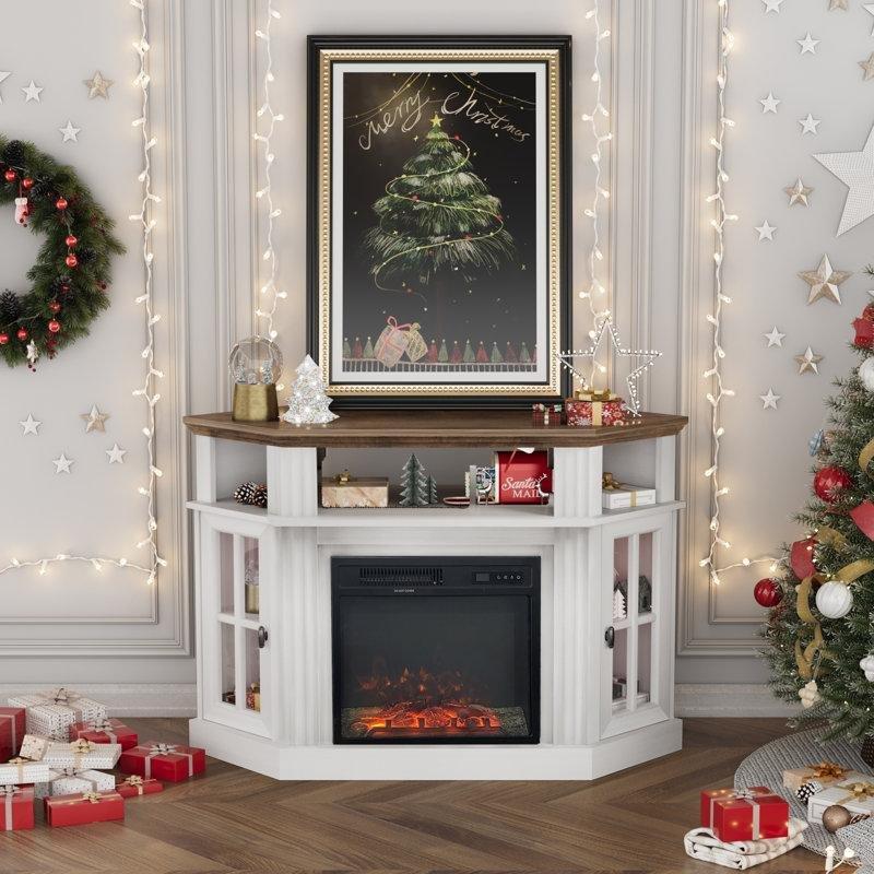 Klasik Beyaz Endüstriyel Ahşap Köşe TV Ünitesi 120x51x80cm Elektrikli Şömineli