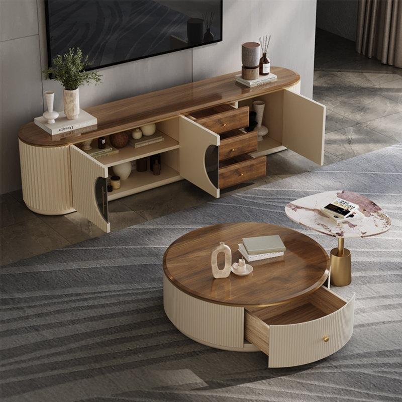 Krem Renkli Masif Ahşap TV Ünitesi ve Yuvarlak Orta Sehpa Takımı 180 cm - 79525