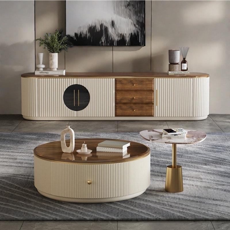 Krem Renkli Masif Ahşap TV Ünitesi ve Yuvarlak Orta Sehpa Takımı 180 cm - 79525