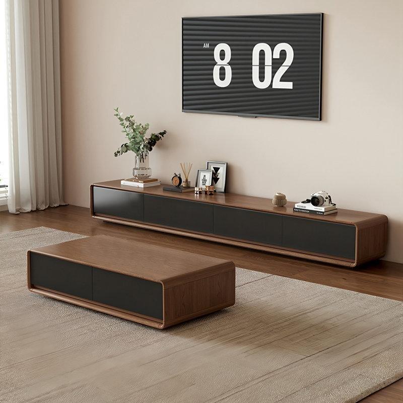 Masif Ahşap Mat Siyah Aksentli 240 cm TV Ünitesi ve Orta Sehpa Takımı - 79447