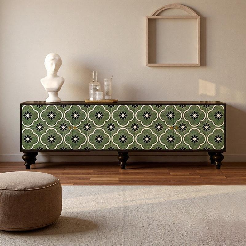 Masif Çam Ağacı Renkli TV Ünitesi 200 cm Yeşil Siyah Desenli - 80329