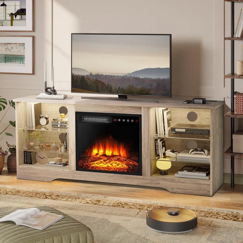 Mavi LED Işıklı Endüstriyel Ahşap Şömineli TV Ünitesi 150 cm