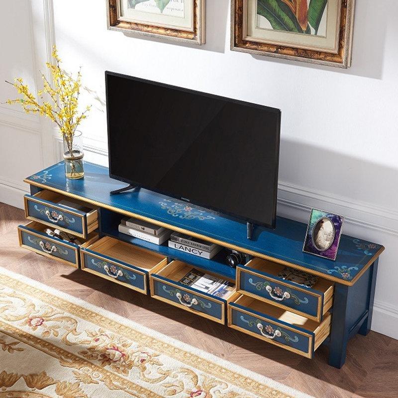 Mavi Renkli Vintage Tarzı Altı Çekmeceli TV Ünitesi 200x40x50 cm - 80305