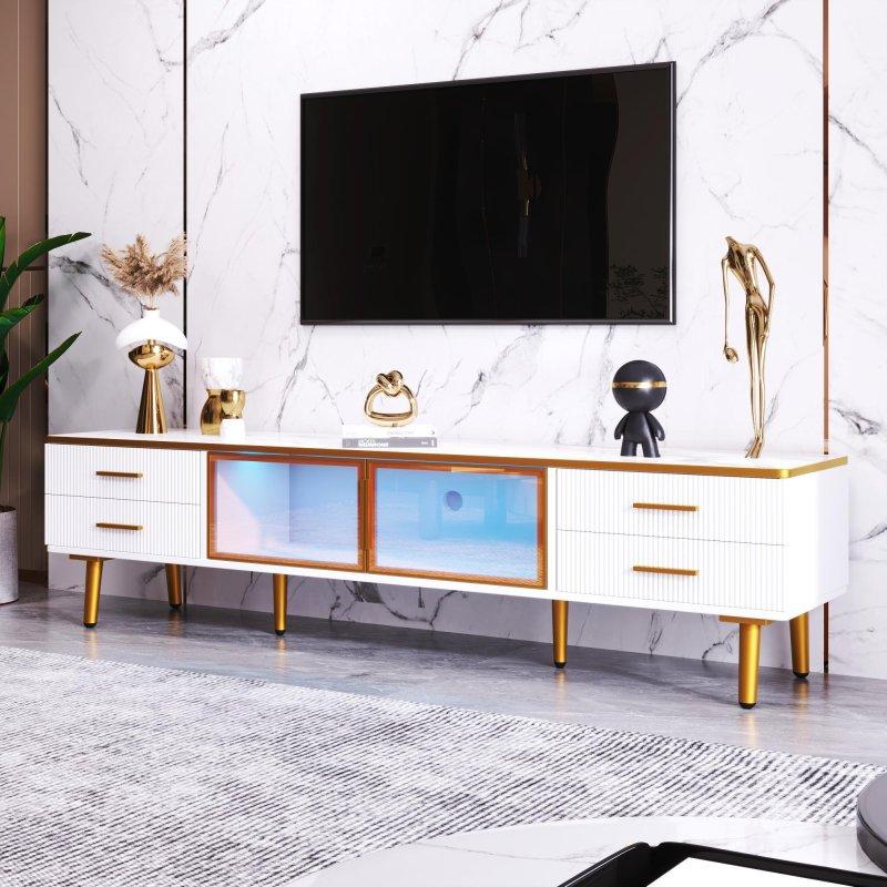 Mermer Desenli Beyaz Altın Detaylı Modern TV Sehpası 170 cm