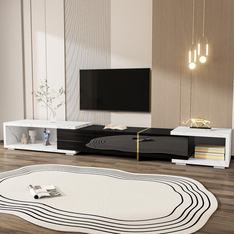 Mermer Desenli Genişleyebilen Siyah Beyaz TV Sehpası