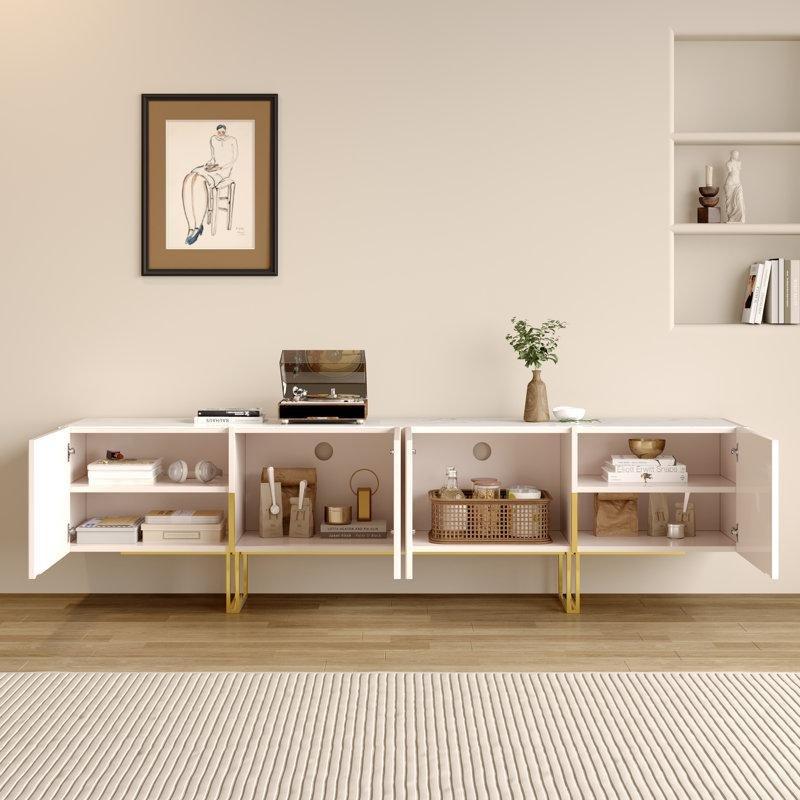 Mermer Görünümlü Beyaz TV Ünitesi Altın Metal Ayaklı 220x40x60 cm - 79357