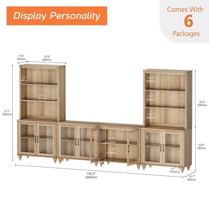 Meşe Dokulu Cam Kapaklı 135 cm Kitaplıklı TV Ünitesi