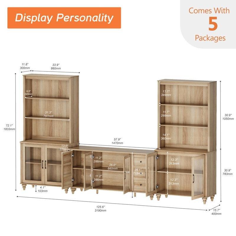 Meşe Dokulu Kitaplıklı 125 cm Genişliğinde Modern TV Ünitesi