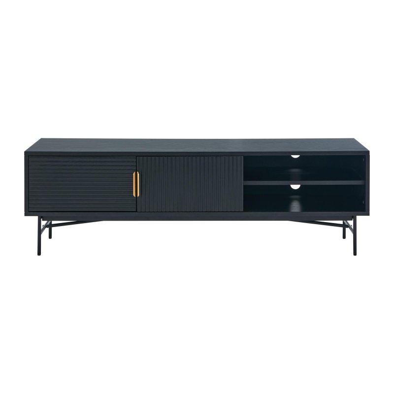 Meşe Kaplamalı ve Metal Detaylı Modern Siyah Altın TV Sehpası 160 cm